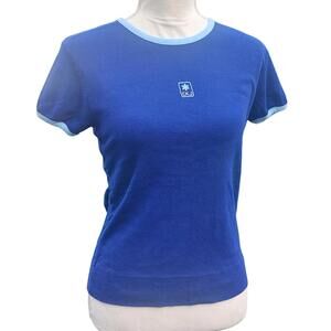 Calvin Klein Jeans. 90s Navy Cotton T-Shirt with Light Blue Trim. Size: M